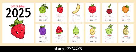 Calendrier mignon 2025. Drôle de dessin animé kawaii caractère fruits et baies. Organisateur de planificateur mensuel imprimable annuel vertical. Couverture et pages de 12 mois E Illustration de Vecteur