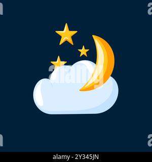 Icône de météo nocturne avec nuage, croissant de lune et étoiles brillantes dans le style de dessin animé. Conception pour les prévisions météorologiques, les applications et les conceptions de nuit. Illustration de Vecteur
