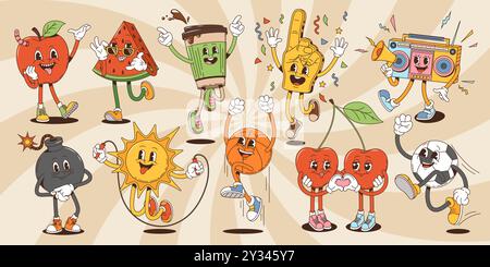 Personnages groovy de dessins animés, jumeaux cerise, pastèque et bombe, pomme rouge, ballon de basket-ball et de football, tasse à café et personnages de soleil, gant de ventilateur et magnétophone. Ensemble de créatures psychédéliques funky vecteur Illustration de Vecteur