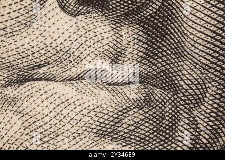 La bouche de Benjamin Franklin, détail d'un portrait d'un billet de 100 dollars. Gros plan sur l'argent des états-Unis. Photographie ultra macro. Banque D'Images