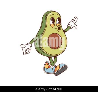 Avocat rétro groovy pour le petit déjeuner caractère funky avec visage drôle, vecteur de dessin animé. Groovy rétro personnage d'avocat comique sifflant mélodie heureuse et marchant pour les enfants petit déjeuner emoji comique de nourriture Illustration de Vecteur