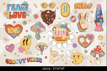 Symboles hippie groovy rétro de fleurs vectorielles, emoji fumant vintage et émoticône de visage fondant. Champignon arc-en-ciel funky psychédélique, cœur et œil, signes de paix et de victoire, barbe hippie groovy et lampe Illustration de Vecteur