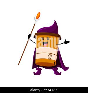 Dessin animé Halloween tasse de café fast food mage, magicien et personnage de sorcière. Mug jetable vecteur isolé personnage portant chapeau mystique tourbillonnant des sorts caféinés, rendant les matins enchanteurs énergiques Illustration de Vecteur