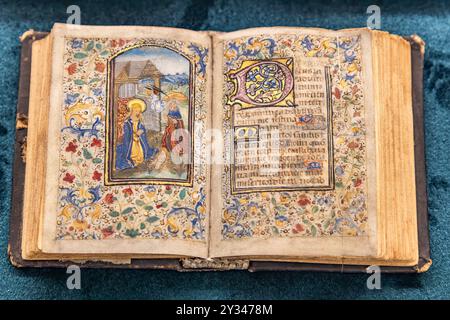 Prague, République tchèque - 30 mai 2024 : détail d'une Bible manuscrite avec écriture latine et fleurs d'or Banque D'Images