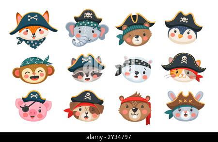 Pirates et corsaires animaliers de dessins animés. Marin, capitaine, skipper et personnages de bateau de chat mignon, chien, renard et lapin avec chapeaux de costume de pirate, bandanas et cache-yeux. Corsaires drôles de singe et d'ours Illustration de Vecteur