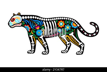 Jour des morts tatouage squelette animal puma mexicain décoré dans le style Muertos traditionnel avec des motifs floraux colorés et des éléments squelettiques, capture la culture mexicaine, la nature, la célébration, le patrimoine Illustration de Vecteur