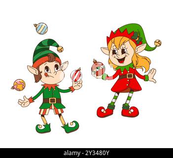 Personnages d'elfe de Noël rétro groovy pour les vacances d'hiver, gnomes drôles de vecteur de bande dessinée. Elfes groovy aux visages funky et sourires jonglant avec les décorations de boules de Noël pour les vacances du nouvel an Illustration de Vecteur