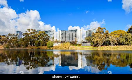 Vue sur les gratte-ciel d'Adelaide Riverbank au-dessus de la rivière Torrens un jour Banque D'Images