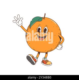 Personnage rétro de mandarine groovy de dessin animé avec un grand sourire, agitant la main. Vecteur isolé mûr et joyeux orange tropicale ou mandarine personnage d'agrumes, portant des baskets et une feuille sur sa tête Illustration de Vecteur