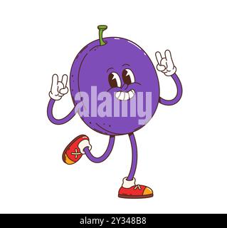 Personnage de prune groovy de dessin animé. Personnage fruité mûr vecteur isolé portant des baskets et des gants rétro, dansant joyeusement, souriant et clignotant des signes de rock avec une ambiance amusante et décalée Illustration de Vecteur
