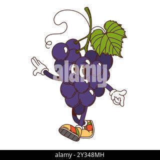 Personnage de fruit de raisin groovy de dessin animé avec des yeux expressifs, des feuilles vertes et des baskets. Les raisins mûrs vectoriels isolés regroupent des personnages rétro dansant joyeusement, souriant et sifflant avec des vibrations originales Illustration de Vecteur