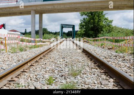 vue sur les voies ferrées s'étendant vers un pont en métal vert, encadré par des passages supérieurs et entouré d'une végétation luxuriante Banque D'Images