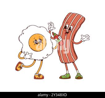 Bacon de petit déjeuner rétro groovy et personnages d'œufs frits avec bouteille de ketchup. Mignon et drôle vecteur de dessin animé amis personnages de nourriture se réjouissent ensemble. Les ingrédients kawaii funky isolés dégagent l'amitié Illustration de Vecteur