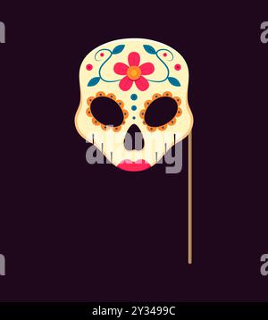 Masque de cabine photo jour mort avec accessoires. Crâne de sucre de vacances mexicain dia de los muertos. Masque de tête de calaca féminin vecteur pour célébrer, orné de motifs complexes, de fleurs colorées et de lèvres rouges Illustration de Vecteur