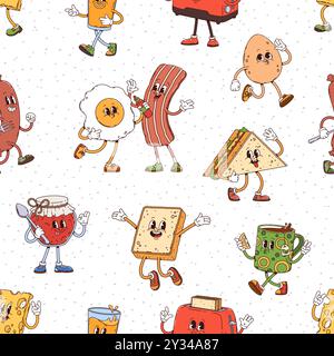 Motif sans couture des personnages de petit-déjeuner groovy. Fond de tuile vectorielle avec bacon rétro drôle, œuf, pain grillé, sandwich, pot de confiture et tasses à boisson ou tranche de fromage avec des expressions gaies et des poses ludiques Illustration de Vecteur