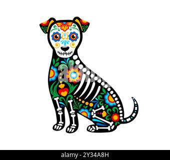 Tatouage de squelette animal de chien mexicain du jour de la mort avec des motifs traditionnels vibrants et des motifs de squelette, capturent l'esprit festif et l'importance culturelle de la célébration de vacances de Dia de los Muertos Illustration de Vecteur