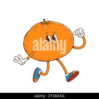 Personnage de fruit de mandarine de dessin animé groovy fonctionne énergiquement, exsudant un sentiment d'excitation et de plaisir. Vecteur isolé mûr et joyeux orange tropicale ou mandarine agrume personnage rétro en baskets Illustration de Vecteur