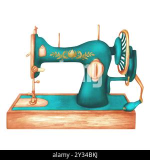 Machine à coudre vintage turquoise pour la confection. Atelier clipart. Needlecraft. Mode. Illustration d'aquarelle dessinée à la main. Banque D'Images