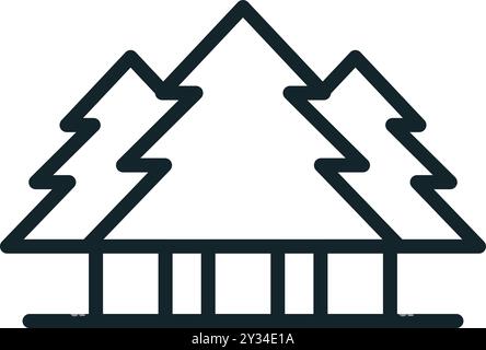 Icône minimaliste d'art de ligne d'une tente de camping sous des pins Illustration de Vecteur