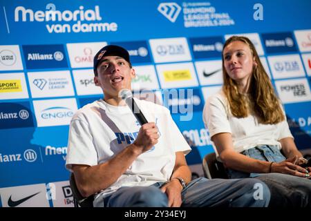 Bruxelles, Belgique. 12 septembre 2024. Le voûteur suédois Armand Mondo Duplantis et la néerlandaise Femke bol s’adressent à la presse lors d’une conférence de presse sur la 48e édition du Memorial Van Damme à Bruxelles, le jeudi 12 septembre 2024. La réunion 2024 de l'Allianz Memorial Van Damme Diamond League aura lieu les 13 et 14 septembre 2O24. BELGA PHOTO JASPER JACOBS crédit : Belga News Agency/Alamy Live News Banque D'Images