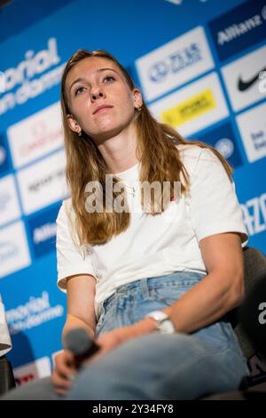 Bruxelles, Belgique. 12 septembre 2024. Néerlandaise Femke bol s’entretient avec la presse lors d’une conférence de presse sur la 48e édition du Memorial Van Damme Athletics à Bruxelles, jeudi 12 septembre 2024. La réunion 2024 de l'Allianz Memorial Van Damme Diamond League aura lieu les 13 et 14 septembre 2O24. BELGA PHOTO JASPER JACOBS crédit : Belga News Agency/Alamy Live News Banque D'Images