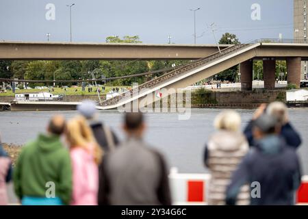 Teileinsturz der Carolabrücke in Dresde, 11.09.2024 Passanten betrachten die teilweise eingestürzte Carolabrücke vom Königsufer in Dresde, 11.09.2024 Dresde Carolabrücke Sachsen Deutschland *** effondrement partiel du pont Carola à Dresde, 11 09 2024 les passants regardent le pont Carola partiellement effondré de la Königsufer à Dresde, 11 09 2024 Pont Carola Dresde Saxe Allemagne Copyright : xiSebbyx Banque D'Images