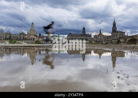 La silhouette de Dresde avec un cycliste et des nuages sombres derrière l'église notre-Dame se reflète dans une flaque sur la piste cyclable de l'Elbe, piste cyclable de l'Elbe, Banque D'Images