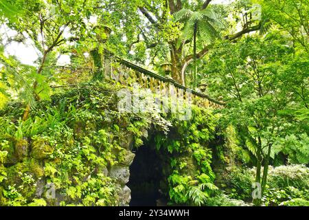 Furnas, Sao Miguel, Açores - 27. Septembre 2022 : deux grottes sous un pont avec une végétation luxuriante dans le magnifique parc de jardin Terra Nostra. Banque D'Images