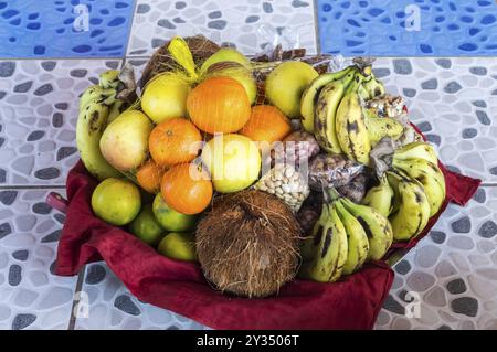 Les fruits frais colorés mélangés dans le panier se déposent sur le carrelage Banque D'Images