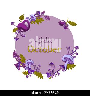 Bonjour octobre. Bonjour l'automne. Modèle avec champignons colorés et lettrage moderne à la main. Esquisse, éléments de conception. Illustration vectorielle adaptée à la voiture Illustration de Vecteur