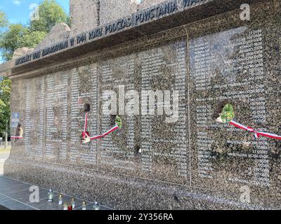 Warschau, Pologne. 01 août 2024. Un mémorial pour le massacre de Wola de 1944 se dresse à Varsovie. Pendant le soulèvement de Varsovie contre l'occupation allemande en 1944, des soldats de la Wehrmacht et de la SS ont assassiné jusqu'à 50 000 civils polonais dans le district de Wola en quelques jours. Le mur mémorial indique le nombre d'habitants tués pour chaque numéro de maison. Crédit : Friedemann Kohler/dpa/Alamy Live News Banque D'Images