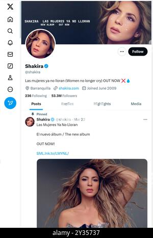 'X' - anciennement Twitter - page (septembre 2024) de Shakira, chanteuse Banque D'Images