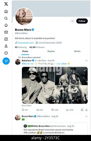 'X' - anciennement Twitter - page (septembre 2024) de Bruno mars, chanteur Banque D'Images