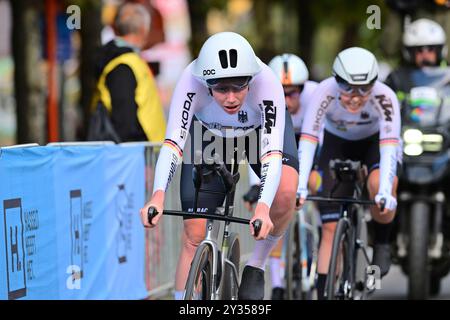 Polit Nils, STEIMLE Jannik, WALSCHEID Maximilian Richard, KLEIN Lisa, KOCH Franziska, Kröger Mieke (Deutschland, Allemagne, GER) Relais mixte d'élite von Heusden-Zolder nach Hasselt (52,3 km) AM 12. Septembre 2024. Die Radsport EM/Straßenradsport-Europameisterschaften 2024 (2024 UEC Road European Championships) der Union européenne de cyclisme von 11. bis 15. Septembre 2024 in der belgischen Provinz Limburg. EuroRoad24, EuroRoad 2024. Banque D'Images