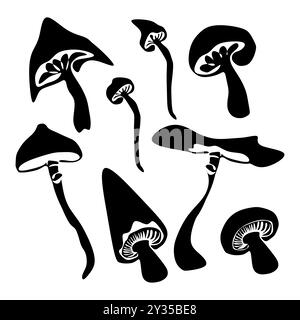 Ensemble de silhouette de champignons fantastiques. Collection d'illustrations vectorielles dessinées à la main. Croquis de plantes forestières. Ensemble botanique. Silhouette vectorielle isolée sur Illustration de Vecteur