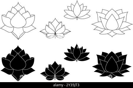 Icône de nénuphar vectoriel. Symbole de lotus de yoga, fleur de bien-être et de style de vie sain, floraison élégante. Jeu de traits fins de contour modifiable. Naturel simple Illustration de Vecteur