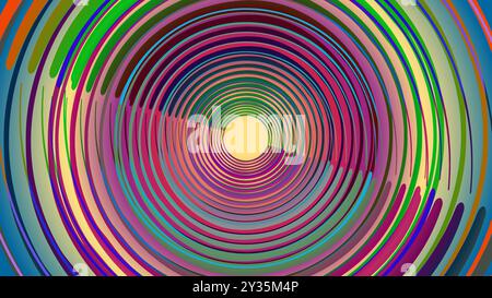 les œuvres abstraites vibrantes présentent des cercles concentriques colorés qui convergent vers un point central lumineux, créant un effet hypnotique et psychédélique Illustration de Vecteur