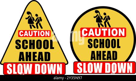 Attention School Ahead Slow Down panneau en forme de triangle et rond Illustration de Vecteur