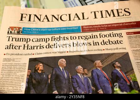 Donald « le camp Trump se bat pour reprendre pied après que Harris ait donné des coups dans le débat », article de titre du journal FT Financial Times 12 septembre 2024 Royaume-Uni Banque D'Images