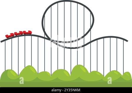 Le train de montagnes russes rouge grimpe sur une colline pour passer par une boucle sur ce parc d'attractions passionnant Illustration de Vecteur