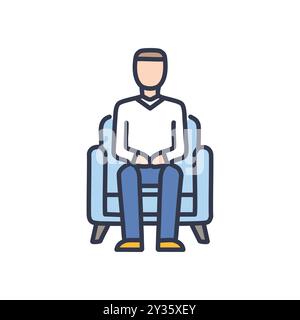 Homme assis sur une chaise. Homme dans des vêtements décontractés se relaxant dans un fauteuil confortable. Parfait pour les thèmes de détente, de loisirs et de confort. Illustration de Vecteur