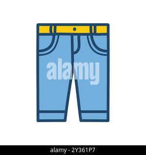 Icône du short denim. Short en denim bleu avec ceinture jaune, icône d'art au trait simple. Illustration de Vecteur