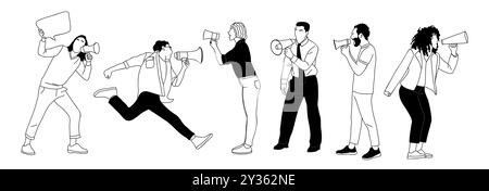 Ensemble de personnes différentes criant à travers le mégaphone Illustration de Vecteur