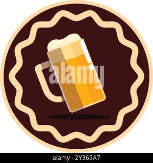 Verre à bière incliné flottant sur un emblème rond brun avec une bordure ondulée, parfait pour représenter les entreprises liées à la bière Illustration de Vecteur