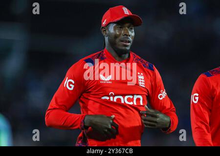 Angleterre Jofra Archer (Sussex) lors du match de cricket England Men v Australia 1st Vitality IT20 au Utilita Bowl, Southampton, Angleterre, Royaume-Uni le 11 septembre 2024 Credit : Every second Media/Alamy Live News Banque D'Images