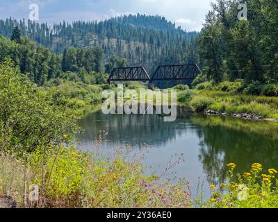 Un chevalet de chemin de fer se reflète dans l'eau traversant la rivière Joe près de Calder dans l'Idaho, États-Unis Banque D'Images