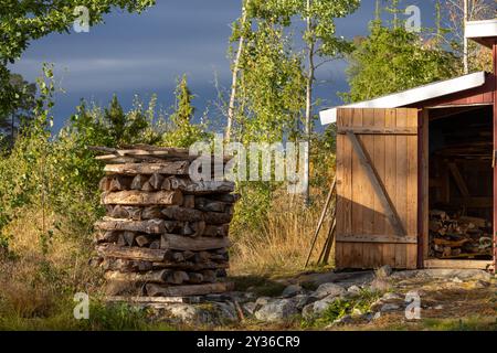 Une pile de bois rustique empilée soigneusement à côté d'un hangar en bois dans un cadre naturel. La scène est éclairée par la lumière douce du soleil, mettant en évidence les textures de th Banque D'Images