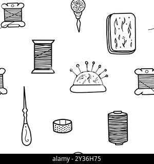 Couture, outils de travail des aiguilles motif sans couture. Tailleurs approvisionnement, Pad avec épingles, écheveaux et bobines, Thimble. Illustration vectorielle dessinée à la main dans le style doodle Illustration de Vecteur