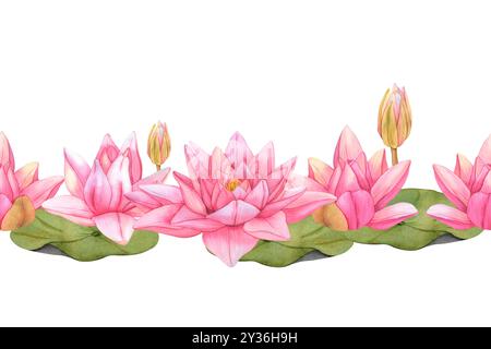 Bordure sans couture d'aquarelle dessinée à la main avec des fleurs et des feuilles de Lotus roses. Illustration botanique du nénuphar sur fond isolé. Rose tropical Banque D'Images