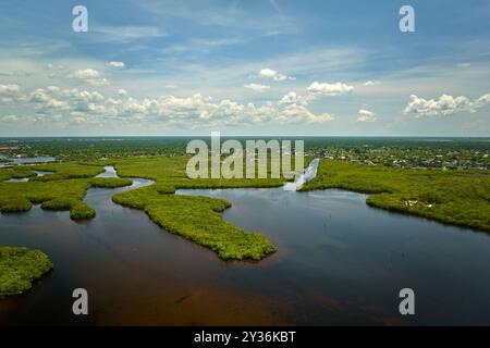 Vue depuis le dessus des everglades de Floride avec végétation verte entre les entrées d'eau de l'océan. Habitat naturel de nombreuses espèces tropicales dans les zones humides Banque D'Images